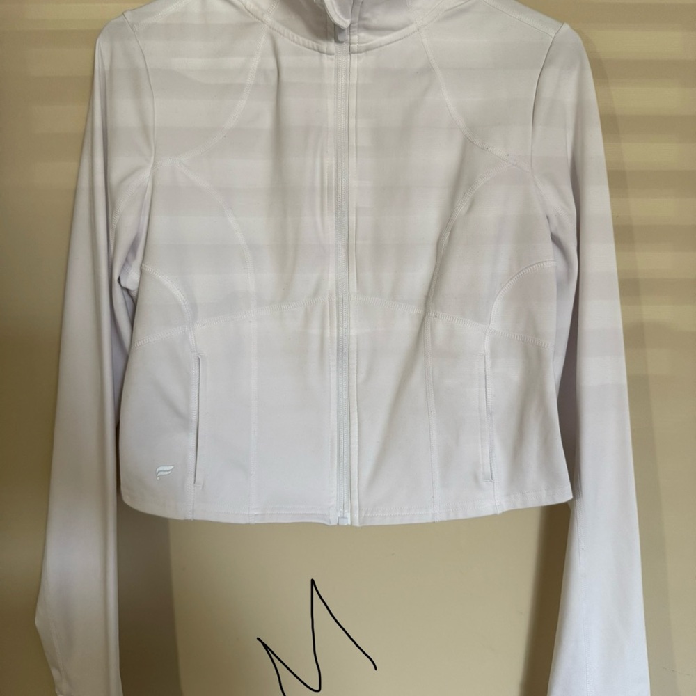 Fabletics White Bomber Jacket with Cropped Style and Long Sleeves